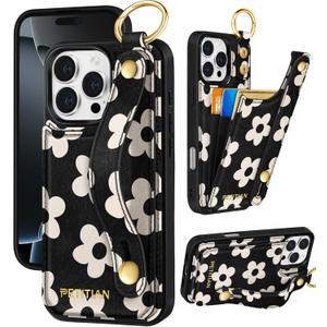 Petitian for iPhone 16 Pro Max Wallet Case - Women Girls Cute Girly Aesthetic Unique Design Leather Credit Card Holder Phone Cover Stand Wristband for iPhone 16 Pro Max, White Flowers