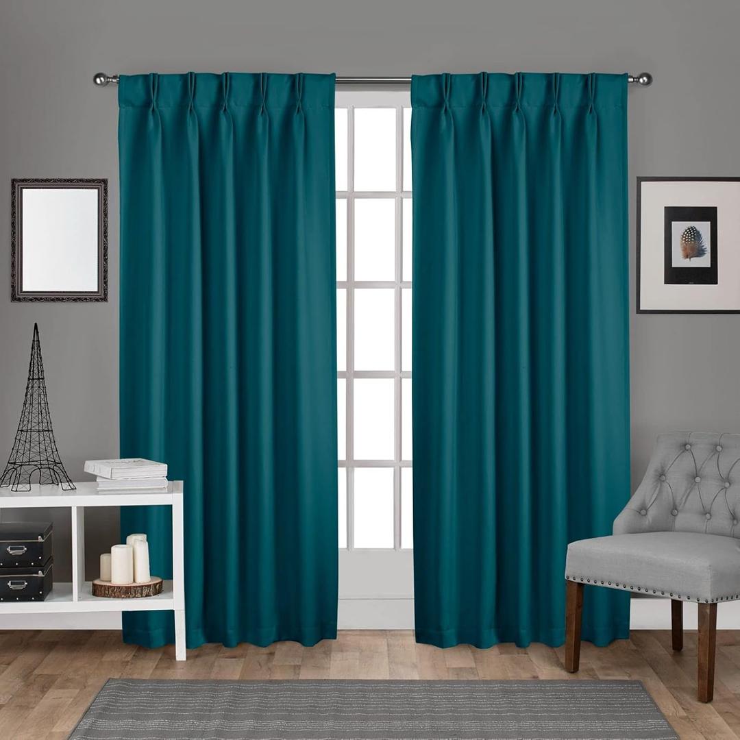 EXCLUSIVE HOME Sateen Twill Woven Room Darkening Blackout Pinch Pleat/Hidden Tab Top Curtain Panel Pair, 84" Length, Teal