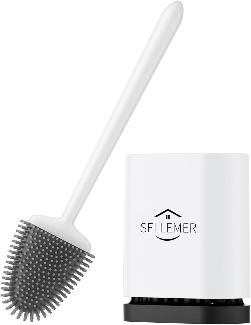 Sellemer Toilet Brush and Holder Set - Flexible Toilet Bowl Brush Head with Silicone Bristles, Compact Size for Storage and Organization, Ventilation Slots Base (1 Pack, White)