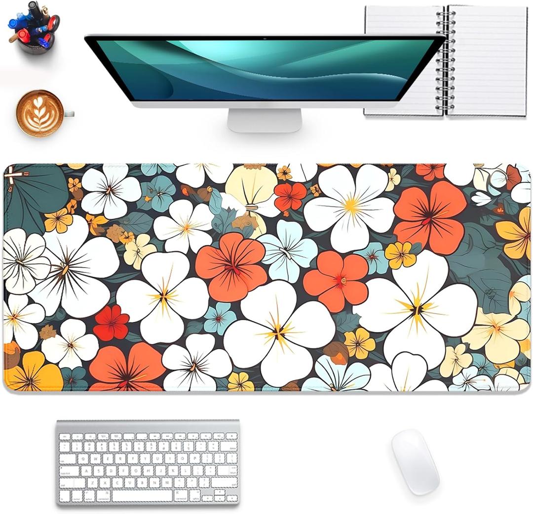 Boho Abstract Floral Desk Mat with Stitched Edges, Extended Gaming Mouse Pad with Non-Slip Waterproof Base for Office & Home Desk (27.5X11.8 in) (Blho Abstact Flower)