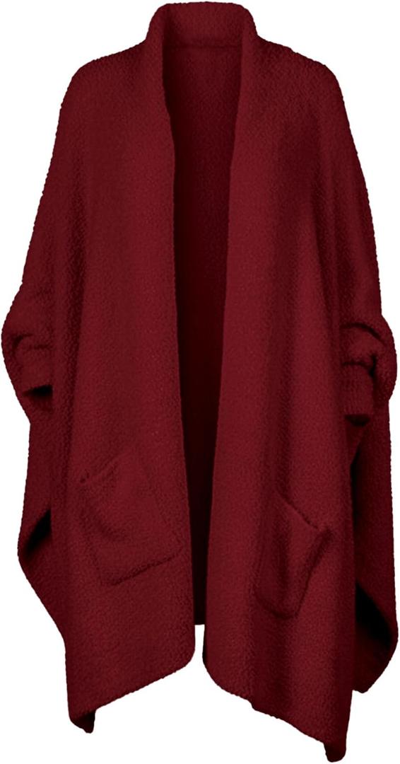 Wearable Blanket Sherpa Poncho Unique Office Work Warm Cozy Shawl TV Throw Blankets, Plush Cape Wrap for Adults (Wine-Red, One Size)