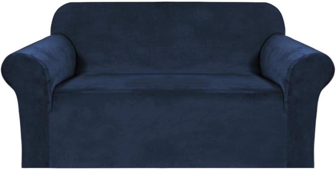 H.VERSAILTEX Stretch Velvet Loveseat Covers for 2 Cushion Couch Covers for Living Room Sofa Covers Slipcovers with Non Slip Straps Bottom, Ultra Thick Comfy Velour (Width 58"-72", Navy)
