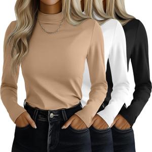 Ficerd 3 Pack Women's Mock Turtleneck Shirts, Long Sleeve Mock Neck Pullover Tops Slim Fitted Stretch Undershirt Tee Blouse (Large, Black, White, Mocha)