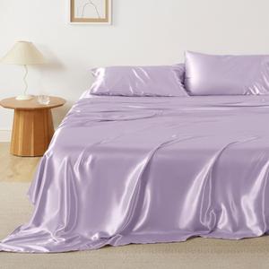 Bedsure Satin Sheets King Size - 4 Piece Silky Bedsheets with 15 Inches Deep Pocket Fitted Bedsheet,1 Flat Sheet, 2 Satin Pillowcases, Good for Hair & Skin (King, Lavender)