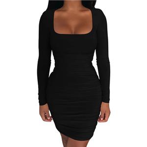 Women's Sexy Long Sleeve Crew Neck Bodycon Ruched Mini Club Party Dress Medium, Black 