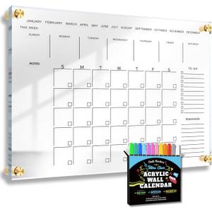 Classic Acrylic Calendar for Wall | Oversize 36' X 24' | Clear Home Office Glass Calander Dry Erase Board Large Reusable Whiteboard Big Monthly Family Planner 9X Liquid Chalk Markers