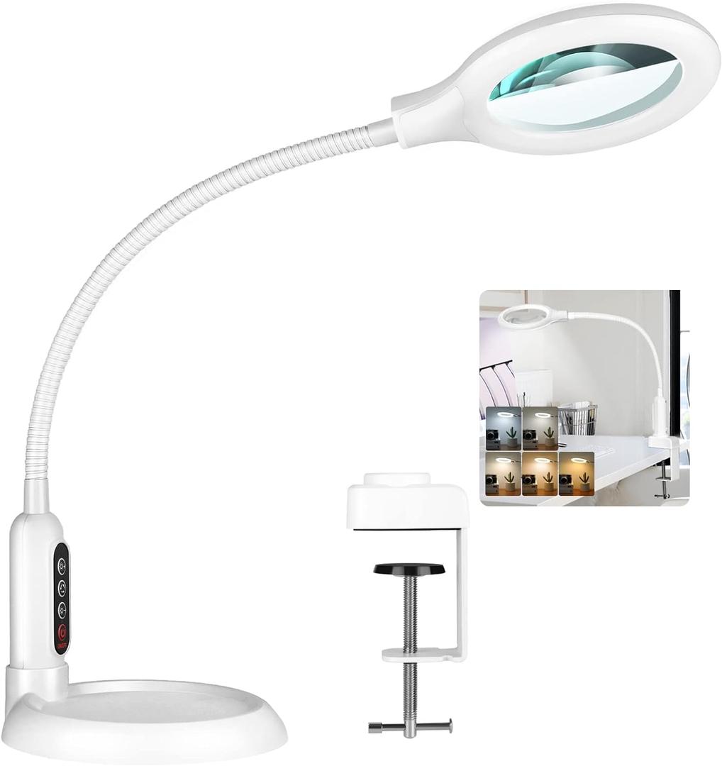 10X Magnifying Glass with Light and Clamp, 5 Color Modes Stepless Dimmable Lighted Magnifier with Stand, Flexible Gooseneck LED Desk Lamp Hands Free for Craft Painting Hobby Close Work (White)