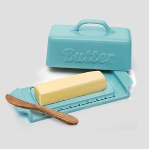 DOWAN Butter Dish with Lid and Knife, Butter Dish with Cutting Measurements and Humanized Knife Handle for East West Coast Butter, Ceramic Butter Dish with Lid for Countertop, Wedding Gifts Turquoise (Small, Blue)