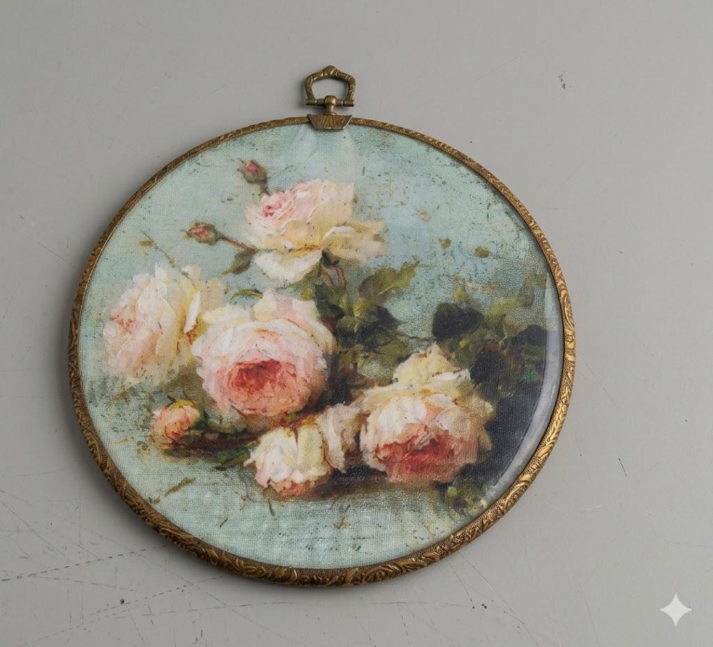 Vintage Victorian Rose Floral Wall Plaque – Shabby Chic Round Framed Artwork