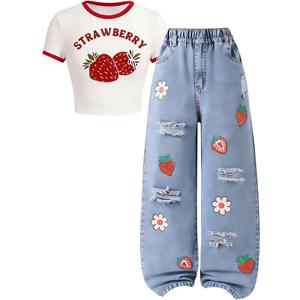 Azmxynol Tween Girl Clothes Trendy 2 Piece Outfit Short Sleeve T-Shirt Top + Butterfly Straight Jeans Denim Spring Summer Girls Fashion Clothing Set Size 11-12, Red Strawberry
