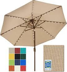 EliteShade USA 10-Year-Non-Fading 9ft Market Patio Umbrella, Commercial Grade Table Sun Umbrella with 80 Solar LED Lights, Crank Open, Windproof & UPF 50+ UV Protection for Garden, Deck, Pool, Backyard, Heather Beige