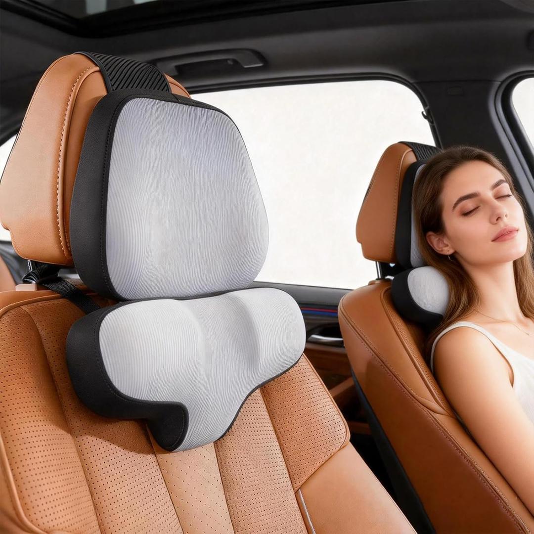 BEBAS Car Headrest Pillow for Neck Pain Relief with Adjustable Strap | Neck Pillow for Driving with Ergonomic Memory Foam | Head Neck Shoulder Trinity Support Design Car Rest Seat | Gray 1 Pack