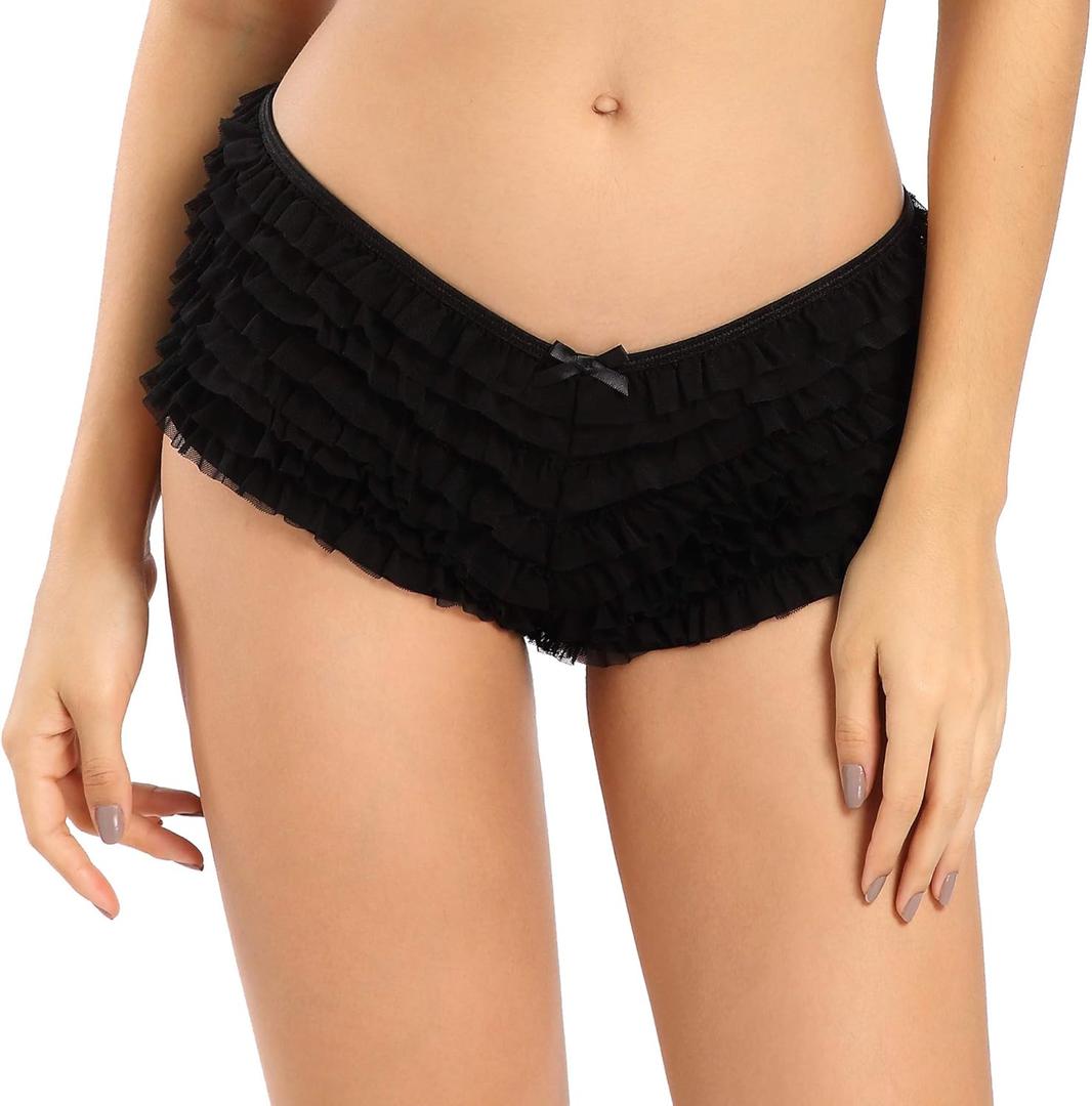 SHARICCA Womens Sexy Mesh Ruffle Panties Booty Boy Shorts Underwear (Black, S/ M)