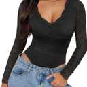 SAUNGKUAI Women's V Neck Lace Bodysuit Long Sleeve Bodysuits Double Lined Going Out Tops Y2K Trendy Thong Outfits (Large, Black)