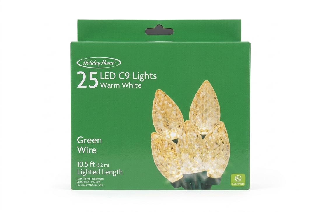 25 LED C9 Lights Warm White, Green Wire, 10.5ft, Lighted Length 
