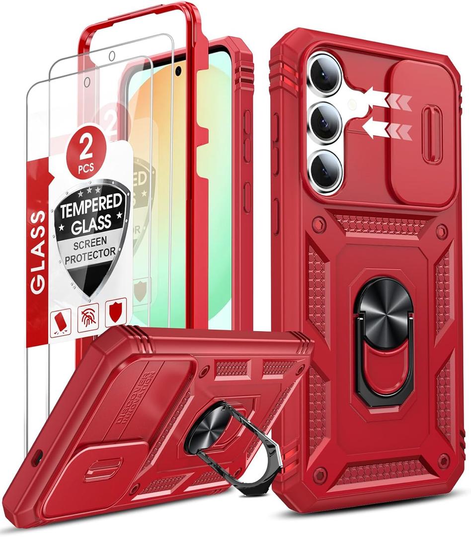 LeYi for Samsung S25-FE Case: Galaxy S25 FE Case with S25 FE Screen Protector X 2, Magnetic Rotatable Stand Samsung Galaxy S25 FE Phone Case, Heavy Duty Shockproof for Celular Phone Case S 25FE, Red