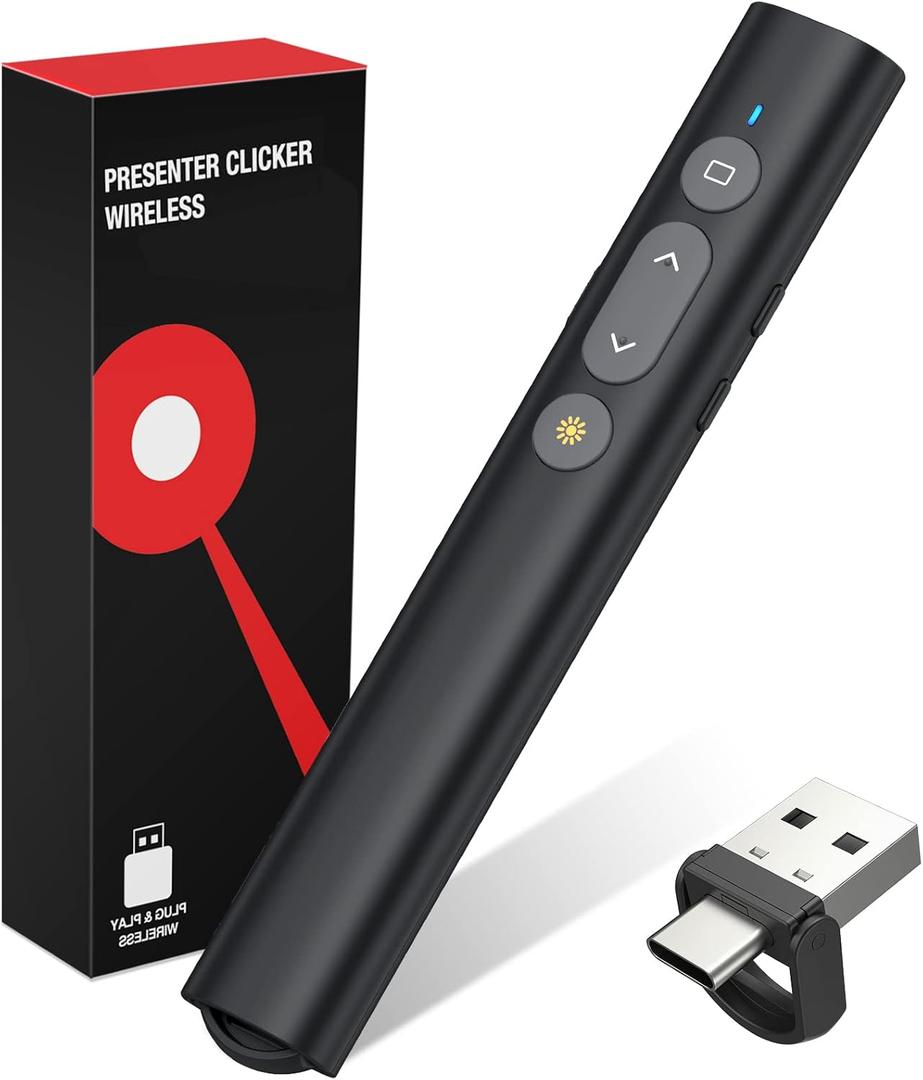 2 in 1 USB Type C Presentation Clicker with Laser Pointer, Wireless Presenter for PowerPoint Presentation PPT Clicker, 2.4GHz Presenter Remote Slide Advancer with Bright Red Laser Pointer