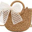 Hand - woven straw tote bags with bow decorations. They have shoulder straps, are convenient and compact, and are stylish small backpacks. They are suitable for vacations, dinners, beaches, camping