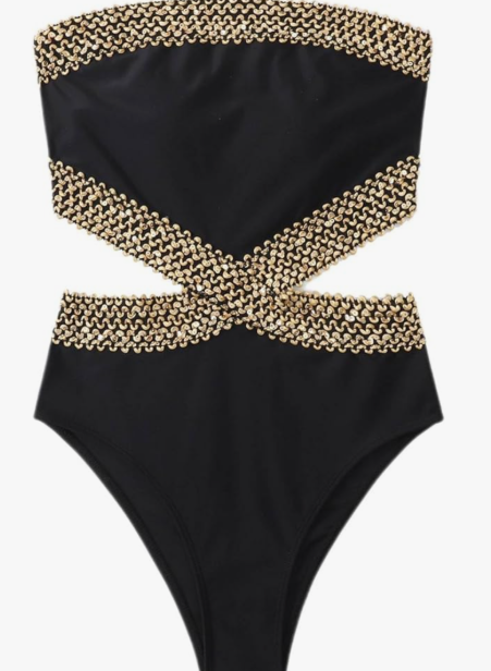 Milumia Women's Stitch Detail Strapless One Piece Swimsuit Cut Out Bandeau Bathing Suit L