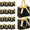 EQOREIIN 50 PCS Small Gift Bags with Handles, Black Mini Bag, 5.5x 2.5x4.7 Inches Small Thank You Gift Bags Bulk with Ribbon for Party Favors, Mother's Day, Baby Shower, Goodie, Weddings(Black Gold)