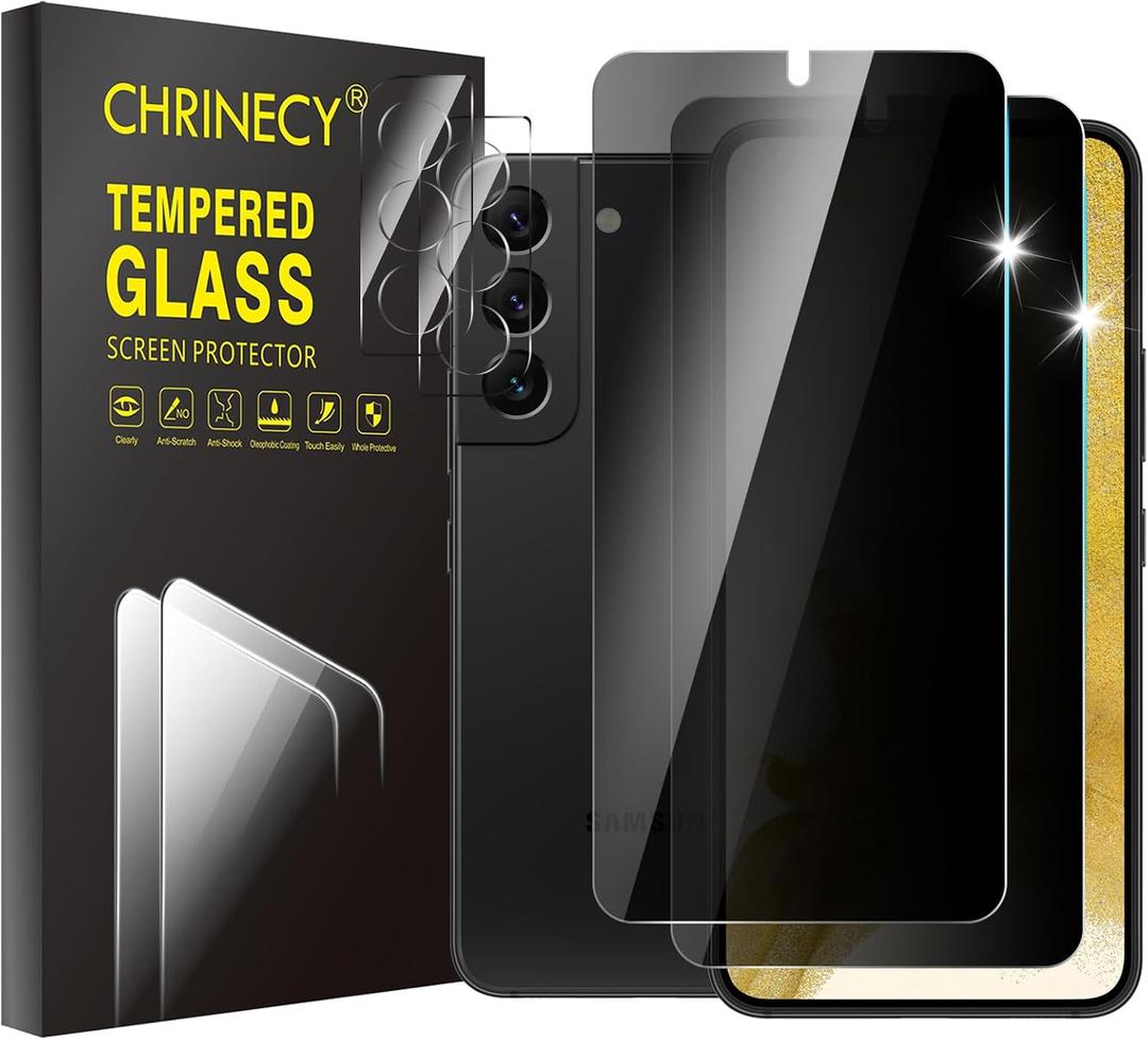 [4 Pack] 2Pack Privacy Screen Protector Compatible for Samsung Galaxy S22 with 2Pack Camera Lens Protector, 9H Hardness, Anti-Spy, Easy Installation