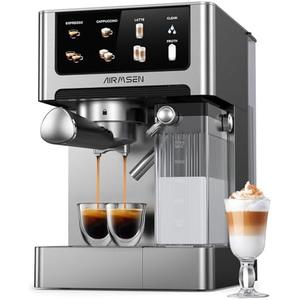 AIRMSEN 20 Bar Espresso Machine with Automatic Milk Frother for Home, Cappuccino & Latte Coffee Maker with Quick Brew Dual Boiler (1350W + 1000W), Stainless Steel, 60oz Water Tank, Touchscreen