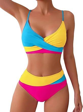 Adisputent Women's 2 Piece Colorblock High Waisted Wrap Spaghetti Strap Summer Swimsuit Bikini Set XXL