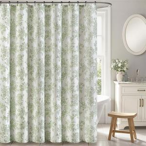 Spring Extra Long Sage Green Floral Shower Curtain W72*L84 Inches | Linen Textured Fabric, 12 Rustproof Metal Hooks, Wrinkle Resistant Cloth, Machine Washable, Bathroom Decor for Cottage Core