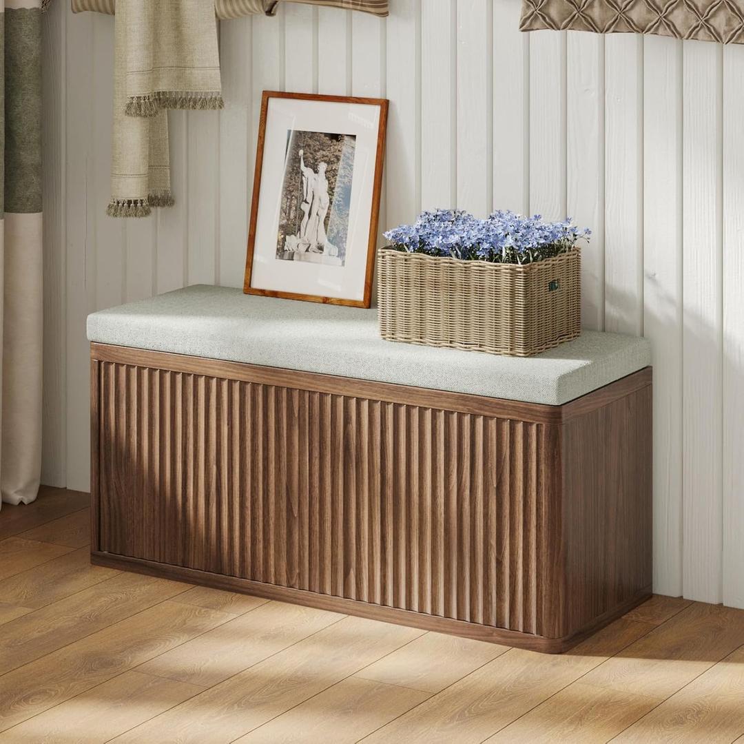 Double Layered Shoe Cabinet with Bench,Wooden Shoe Bench with Soft Cushion,Double Door without Handle Pressing Spring,Fluted Panel,Suitable for Entrance,Corridor and Living Room (Shoe Bench-Walnut)