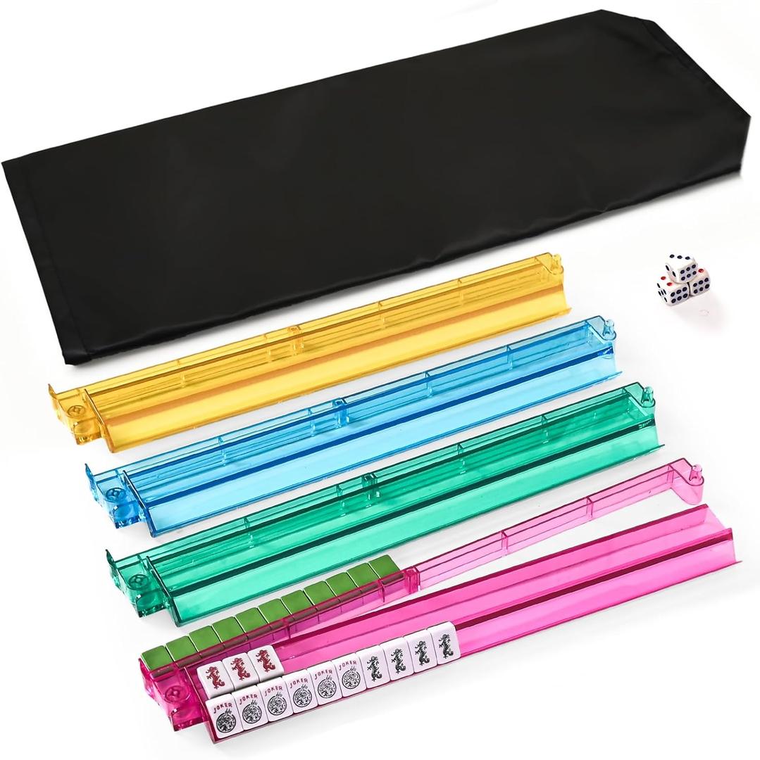 ChamThingzeal Mahjong Racks with Pushers, Mahjong Racks with Pushers Set of 4, PC Material, Modern American Tile Racks, for 1.2-inch American Mahjong Tiles, Includes Storage Pouch and 3 Dice, 4-Color