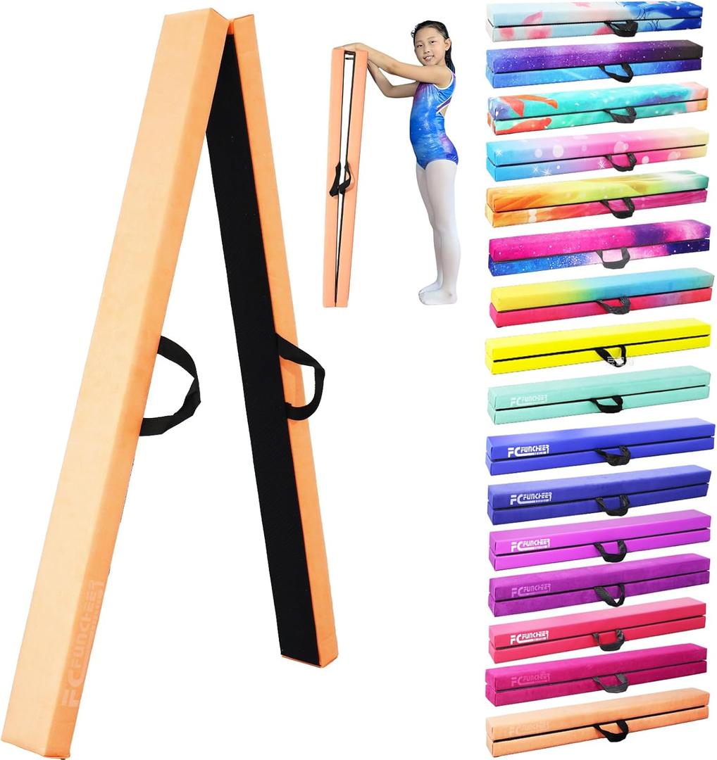 8FT Folding Balance Beam -Gymnastics Floor Beam -Gymnastics Equipment for Kids,Wood core- Anti-Slip Bottom and Carrying Bag for Home (Bright Orange)