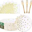 White Gold Paper Plates and Napkins Set-25 x 7'' Dessert Plates & 25 x 6.5'' Napkins & 25 x 7.3'' Forks,White Party Supplies for Birthday,Wedding,Baby Showers,Bridal Shower,Anniversary(Serve 25)