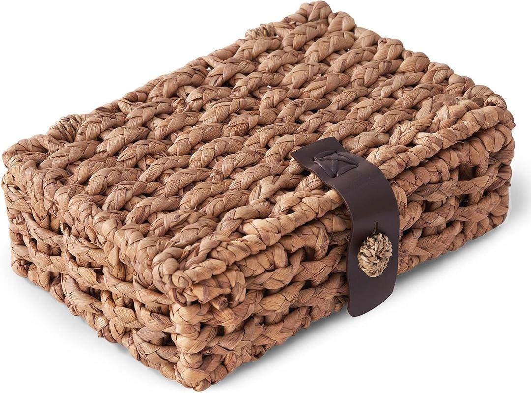 Decorative Box with Lid, Wicker Storage Basket, Water Hyacinth Woven Decorative box for Shelf, Coffee Table, Console Table, Home Decor (Small)