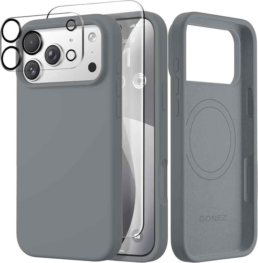 GONEZ Magnetic for iPhone 17 Pro Case, Compatible with MagSafe, [Screen Protector + Camera Lens Protector], Liquid Silicone Anti-Scratch Shockproof Protective Phone Case 6.3 inch, Dark Grey