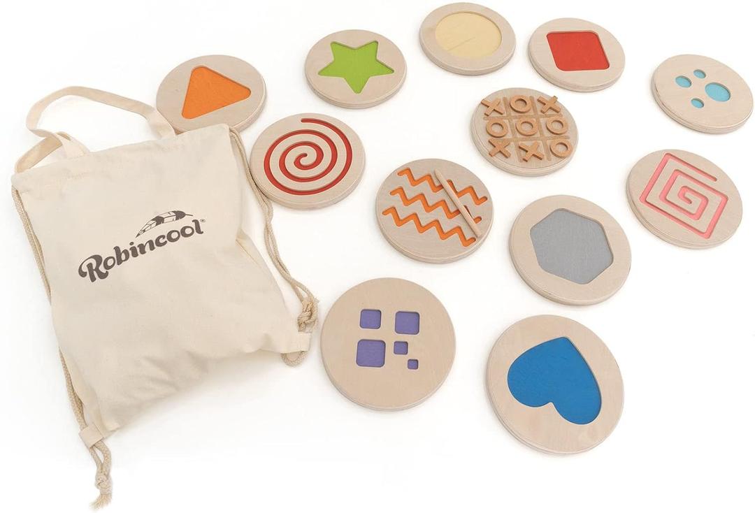 Textures Set for Baby | Geometric Shapes and Montessori Numbers in Organic Wood Playful Little Steps | Large Chips with Diameter of 20 cm | 3 in Stripe for Children + 12 Months