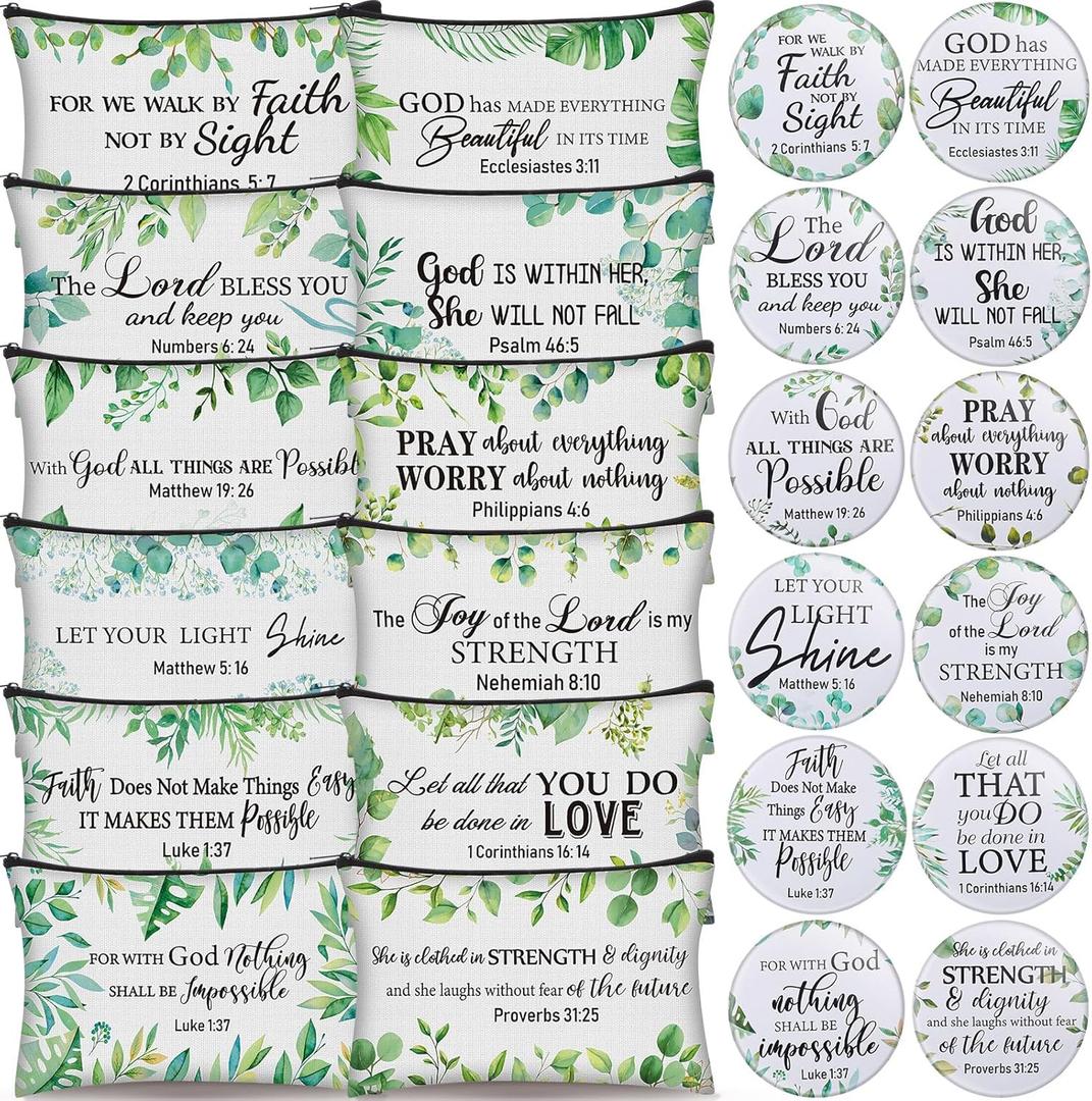 Geelin 24 Pcs Christian Gifts Bulk for Women 12 Green Leaf Religious Canvas Makeup Bags 12 Bible Verse Compact Mirrors Inspirational Church Party Gifts for Women Mother Sister