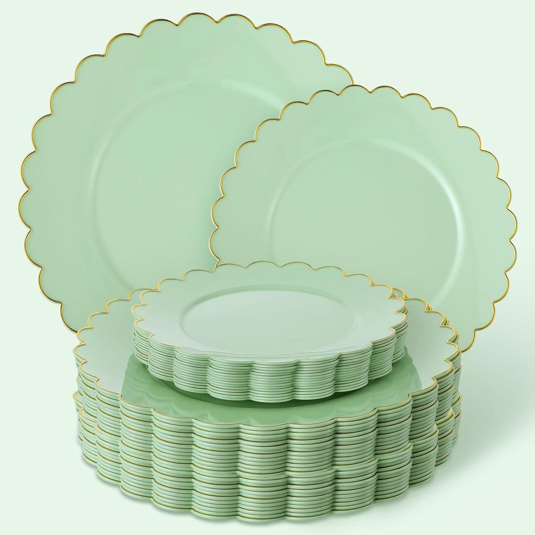 Dandat Sage Green 60 Pcs Plastic Plates Serve 30 Scalloped Disposable Plastic Dinner Dessert Plates Bulk for Spring Wedding Bridal Shower Party Decoration (10.25'',7.5'')
