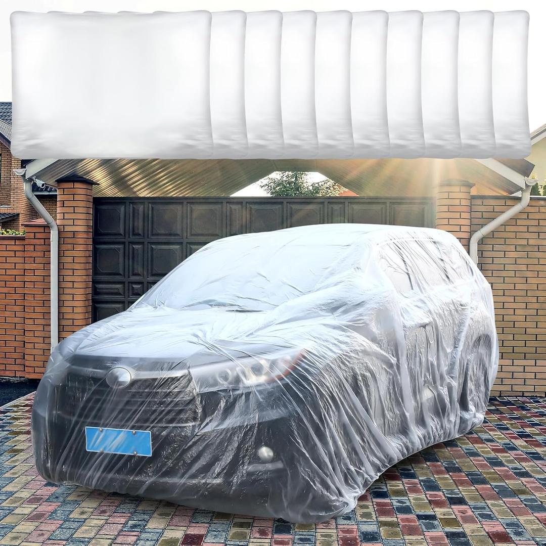BBTO 20 Set Plastic Car Cover 15.7 x 24.6 ft Universal Disposable Clear Car Cover with Elastic Band Waterproof Dustproof Full Exterior Transparent Protective Cover for SUV Sedan and More