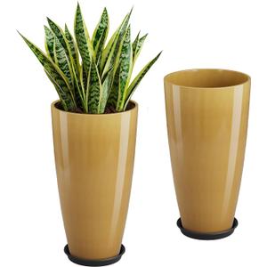 QCQHDU 21 inch Tall Planters for Outdoor & Indoor Plants, 2 Pack Sturdy Plant-Flower-Tree Pots for Front Porch Patio Deck Living Room Decor, Golden