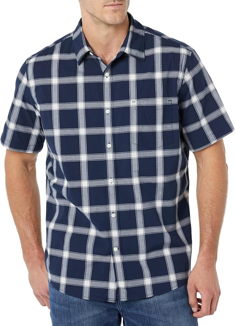 Amazon Essentials Men's Short Sleeve Dress Shirt with Stretch, Charcoal White Vertical Stripe (Available in Big & Tall) (S)