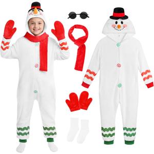 AOTHSO 5 Packs Kids Snowman Onesie Christmas Costume Plush One-Piece Cosplay Set with Gloves Scarf Glasses for Boys Girls (11-12 Years)