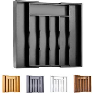 Bellsal Black Silverware Organizer Kitchen Drawer Organizer Expandable Bamboo Utensil Holder Cutlery Tray for Kitchen Utensil and Flatware Bedroom Office (7 Slots Expandable)