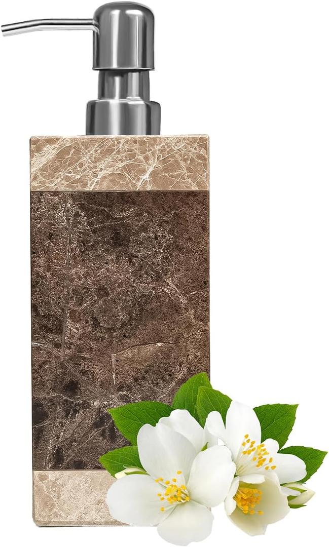 Marble Soap Dispenser, Amaauto Lotion&Hand Soap Dispenser with Stainless Steel Pump for Bathroom Kitchen Countertop, 8 Ounces Soap Dispensers (Rectangular, Brown)