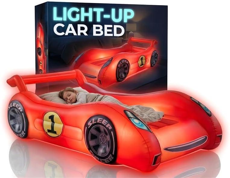 Air Candy Sleep Racer Dream Car Inflatable Kids Bed with LED Night Light Glow Red Race Car Air Mattress for Kids Sleepovers, Naps & Travel, Ages 312, Single Large
