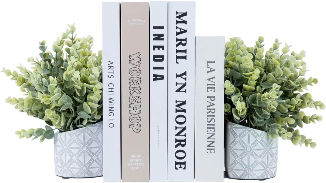 MyGift L-Shaped Decorative Bookends with Artificial Eucalyptus Plant Potted in Modern Geometric Embossed Gray Concrete Pot, Book Ends for Shelf Desk Nook Decor, 1 Pair