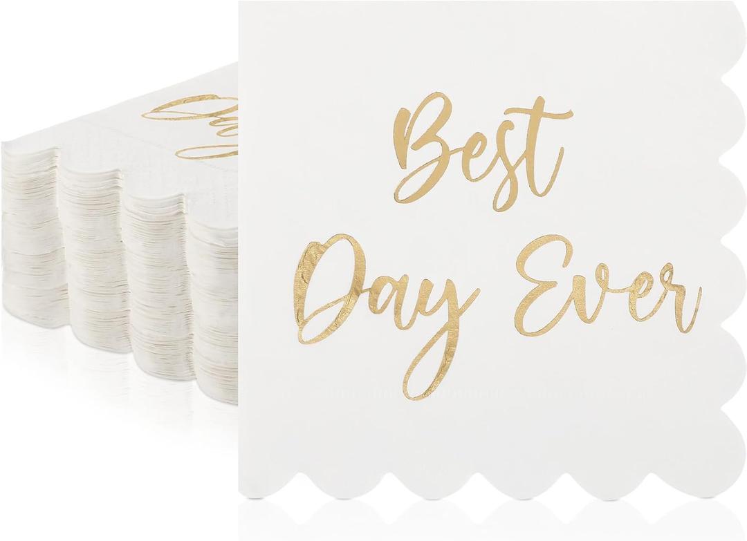 Lincia 100 Pcs Best Day Ever Wedding Cocktail Napkins White and Gold Scalloped Dessert Napkins for Party Bridal Shower Reception Decorations Birthday Supplies, 5 x 5 Inch, 2 Ply