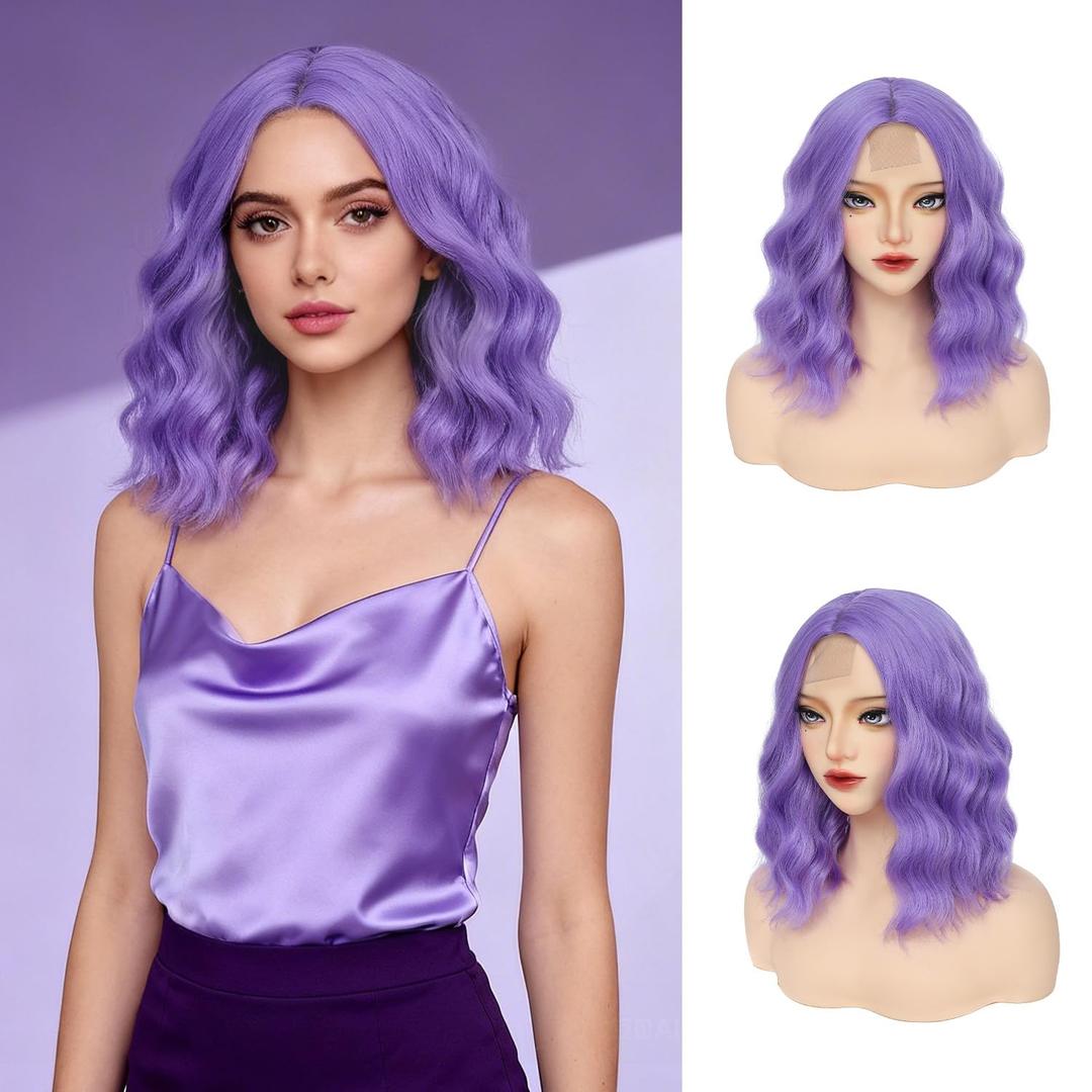 GUOJIAN Purple Bob Wig 14 Inch Short Wavy Curly Shoulder Length Wig for Women Middle Part Natural Looking Heat Resistant Synthetic Wigs for Daily Party Use
