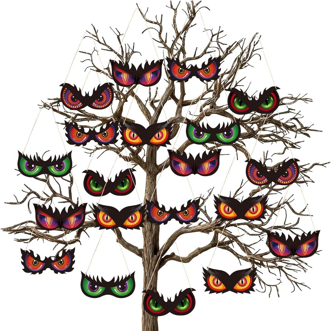 30 Pcs Halloween Ornaments for Tree Wooden Spooky Eyes Ornament with Ropes Hanging Decorations for Outdoor Indoor Bush, Yard, Window, Graveyard Scenes and Party Supplies