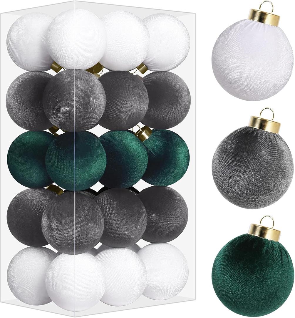 30PCS Velvet Christmas Ball Ornaments Set, 60MM/2.3Inch Shatterproof Flocked Ornaments for Christmas Tree Hanging Decorations, for Home Holiday Party Xmas Decor - White/Grey/Green.