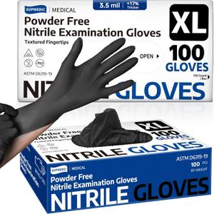 Supmedic Disposable Nitrile Gloves, Chemical Resistant, Powder-Free, Latex-Free, Food Safe, Medical Exam Gloves, Black, X-Large, 2 Pack of 100 Pcs
